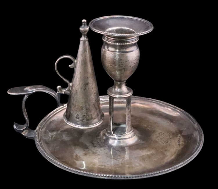 SILVER. Georgian English Silver Chamberstick.: An antique George III English silver chamberstick with a partial engraved crest and a subsequently added removable bobeche. With a city mark of London, maker's mark of John Crouch I & Thomas Hanna