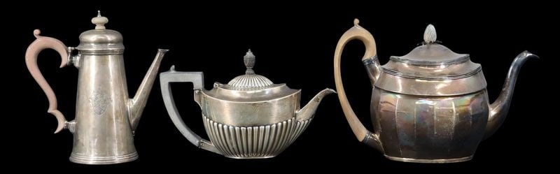 SILVER. (3) Assorted English Silver Teapots and: Coffee Pots. Including a Georgian monogrammed English silver teapot with a wood handle and finial - city mark of London, maker's mark of Peter, Ann & William Bateman and a date letter of 1804; a m