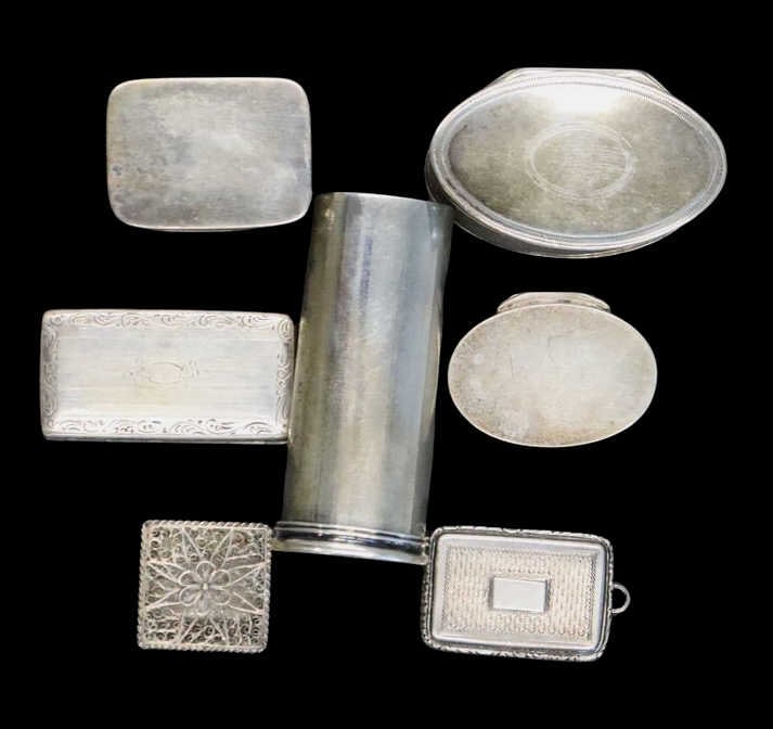 SILVER. (7) Assorted Silver Vinaigrettes.: An attractive and diverse grouping of (7) assorted hinged-lid, and telescope lid vinaigrettes, spanning multiple makers and origins. The collection comprises (3) unmarked silver vinaigrettes; and (4)
