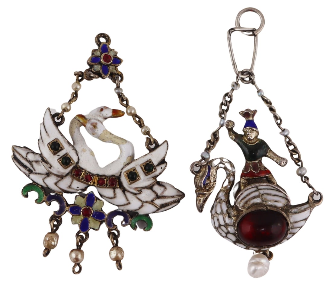 JEWELRY. (2) Renaissance Revival Enamel Silver: Gem and Pearl Pendants. Includes a Renaissance Revival enamelled silver pendant of two swans accented red faceted gems, green gem cabochons, multi-color enamel decoration, floral pendants and seed pea