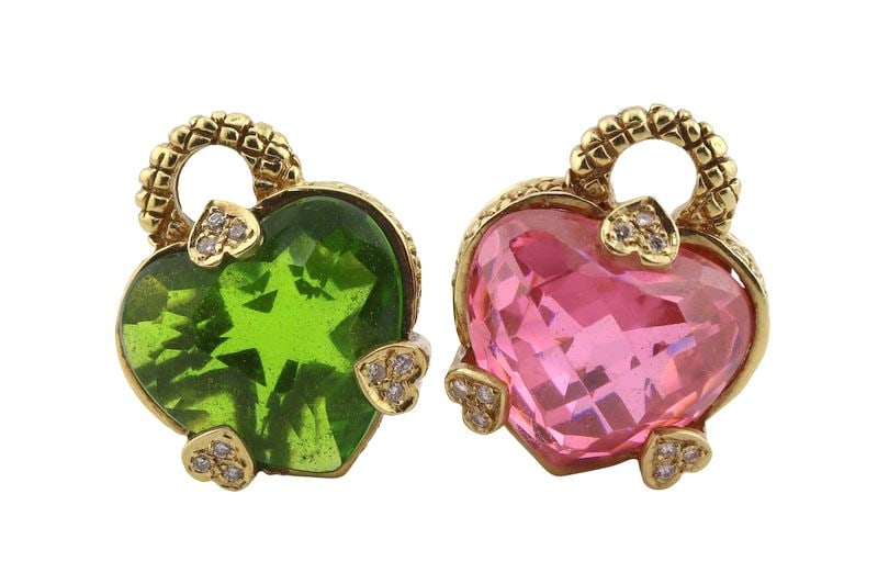 JEWELRY. (2) Gold Judith Ripka Style Pendants.: (2) unmarked 13kt yellow gold mounted heart pendants, each featuring a prong-set, faceted heart shaped gemstone, secured by three heart shaped prongs, each prong accented with (3) faux diamonds. Total