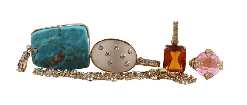 JEWELRY. Assorted Gold and Silver Jewelry Grouping: Including an unmarked 13kt yellow gold mounted ruff cut turquoise slice with faux diamond accents; an unmarked 13kt yellow gold pendant with central prong set faceted orange gem and faux diamond accen