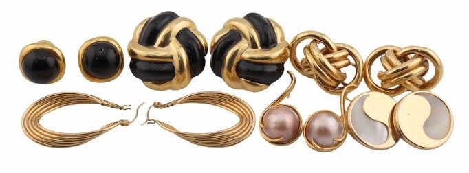 JEWELRY. (5) Pairs of Assorted Gold Earrings.: Including a pair of 18kt yellow gold earring with central bezel-set onyx cabochons - stamped, "18K 750"; pair of unmarked14kt yellow gold hollow tube hoops; pair of 14kt yellow gold earrings with cent