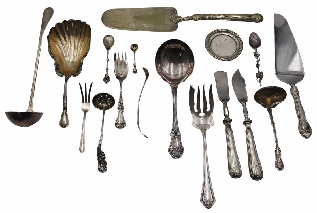 SILVER. Miscellaneous Sterling and .800 Silver.: Includes a Gorham sterling serving spoons with multi-color enamel decoration; a German .800 silver serving spoon; a German .835 silver nut dish; a Whiting sterling serving fork; (1) monogrammed Whitin