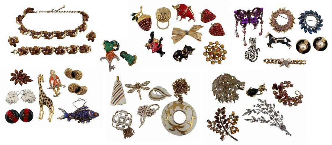 JEWELRY. Collection of Costume Jewelry, Most Sgnd.: Includes a 4 piece Charel gold-tone and polished pendant suite of a necklace, bracelet and ear clips; a gold-tone and black enamel cat brooch; a large Craft gold-tone lion's head brooch with rhineston