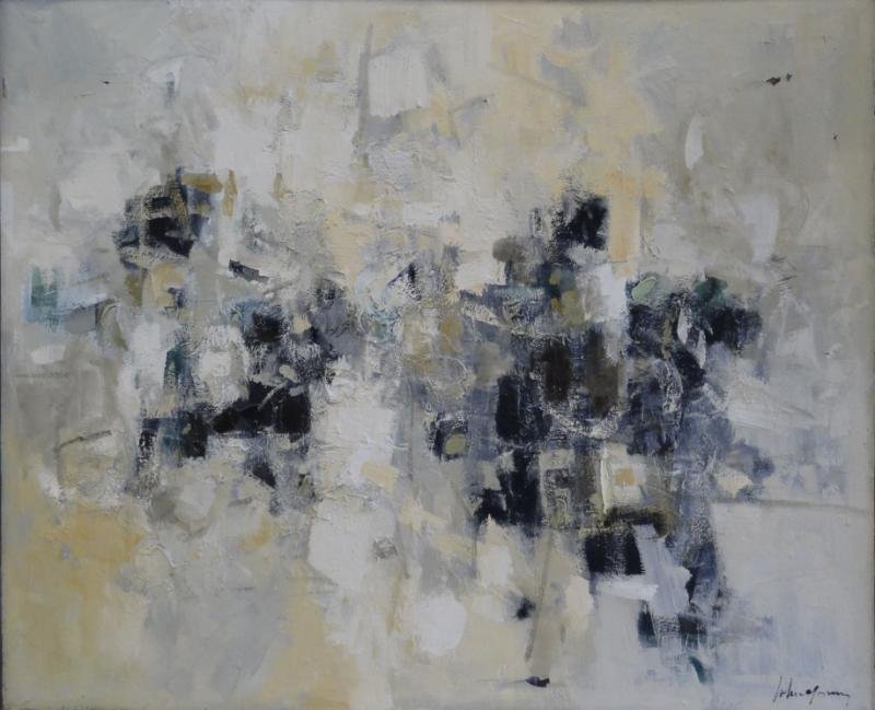YOUNG, John Chin. 20th C. Abstract Oil on Canvas.: Signed lower right and verso. John Chin Young, American - California/Hawaii, 1909 - 1997. From a Rye Brook, NY home. Dimensions: 34.75" high x 45.25" wide. Condition: Several scattered areas of losses