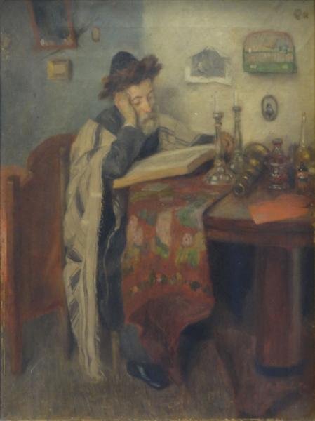 HERSCHEL, Otto. Oil on Canvas of Rabbi Studying.: Signed lower right and dated 1908 (?). From a Riverdale, NY estate. Dimensions: 21.5" high x 17.75" wide. Condition: Surface grime, frame abrasion, some surface staining.