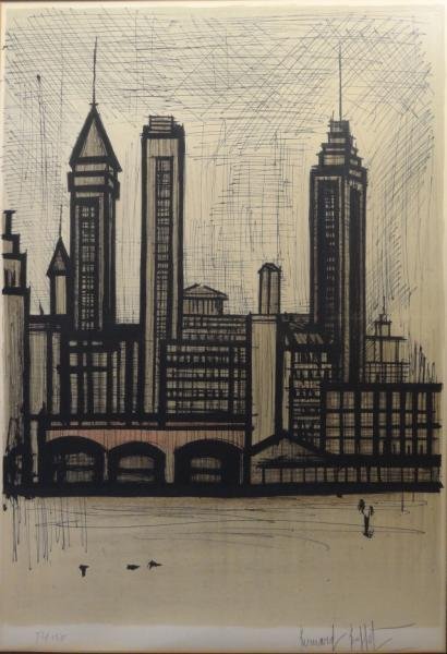 BUFFET, Bernard. Lithograph of New York.: Lower Manhattan skyline. Pencil signed lower right, numbered 72/150. From a Larchmont, NY home. Dimensions: 26.25" high x 19.25" wide. Condition: Good, possibly some light toning to paper, not examine
