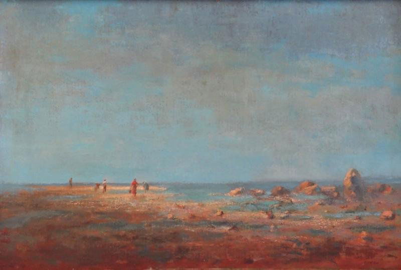 MAYHEW, Richard. Oil on Canvas. Ethereal Coastal: Landscape with Figures. Signed lower right. Richard Mayhew, African American - New York/California, b. 1924.?? From a Larchmont, NY home. Dimensions: 23.75" high x 40" wide. Condition: Overall very go