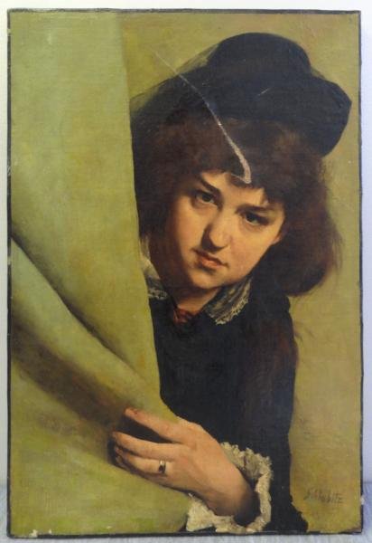 SCHLABITZ, Adolf G. Oil on Canvas of Peering Boy.: Signed lower right. Adolf Gustav Schlabitz, German, 1854-1943. From a Roslyn Heights, NY estate. Dimensions: 24" high x 17.75" wide. Condition: Old wax lining, surface grime, yellowed varnish, scratch