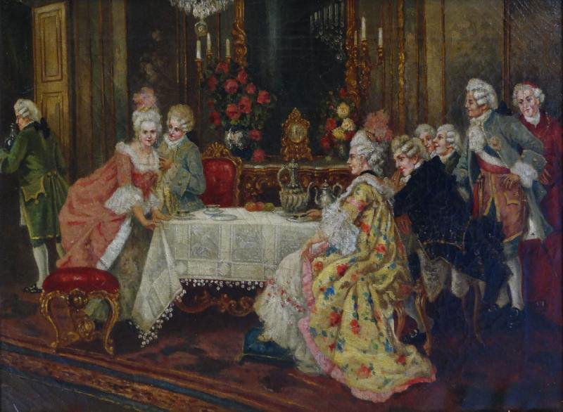 DE CORDOBO, E (?). 19th C. O/C French Interior: Scene with Figures. Signed lower left. From a Watertown, CT home. Dimensions: 13.75" high x 19.5" wide. Condition: Heavy craquelure, otherwise good.