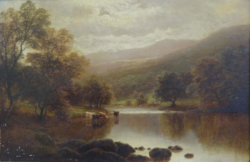 MELLOR, William. Oil/Canvas Landscape with Cattle.: Signed lower left. Faded inscription on canvas verso, old John Gibson Framers label on frame verso. William Mellor, British, 1851 - 1931. From a Stamford, CT home. Dimensions: 16" high x 24" wide. Con