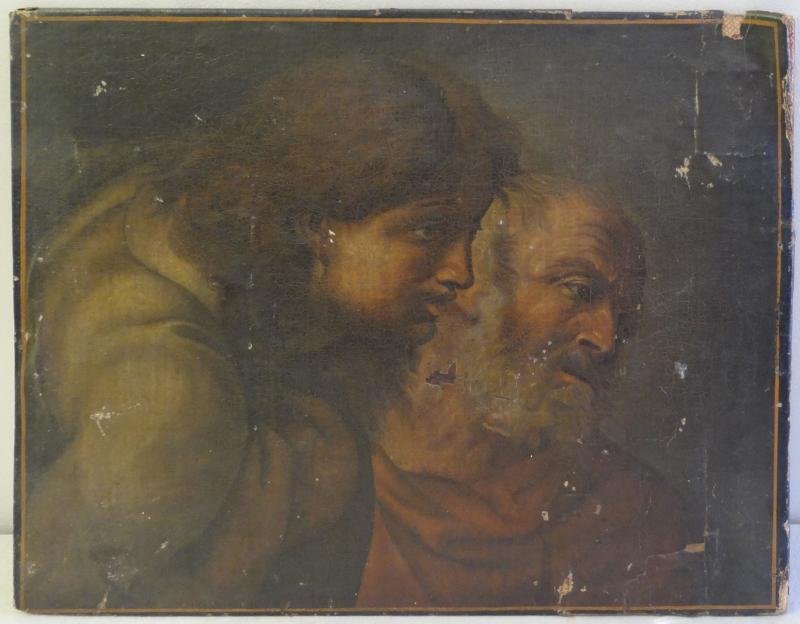 Old Master Oil on Canvas Fragment with Two Heads: of Men. Unsigned. Laid on board. Old sticker verso attributes this to the 16th century. From the Rye, NY estate of the artist Manuel Boccini. Dimensions: 18" high x 23.25" wide. Condition: Unframed, s
