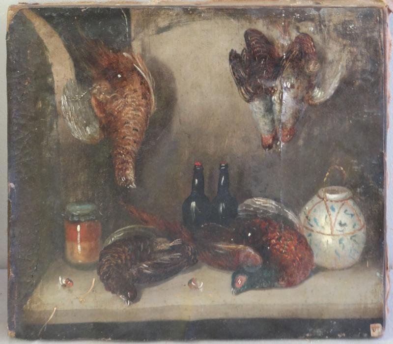 18th C. Oil on Canvas Still Life of Dead Birds.: Unsigned. From the Rye, NY estate of the artist Manuel Boccini. Dimensions: 10" high x 12" wide. Condition: Unframed, lined, heavy surface grime, craquelure, split to canvas along right side.