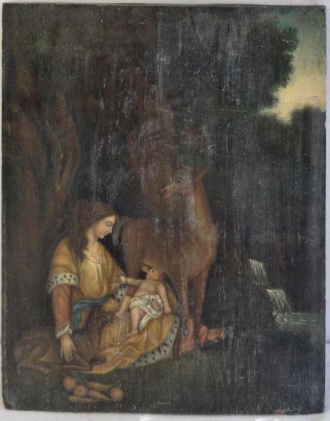 18th/19th C. Oil on Panel of Baby Telephus Suckled: by the Doe. From the Rye, NY estate of the artist Manuel Boccini. Dimensions: 18.75" high x 15.5" wide. Condition: Unframed, surface grime, some splitting to wood panel.