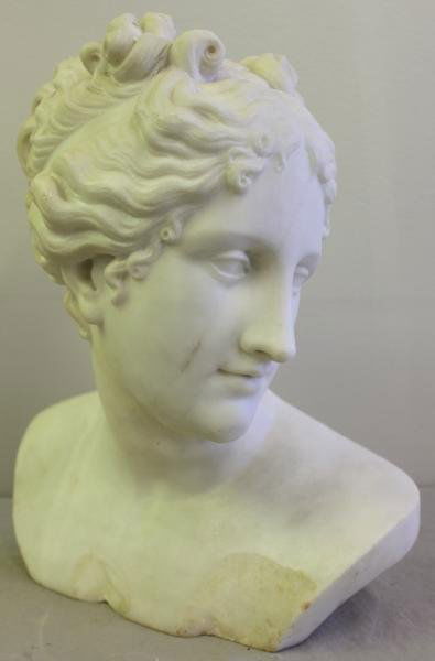 Alabaster Bust of a Woman.: Signed P. Barzanti, Firenze. Pietro Barzanti, Italian, 1842-1881. From a Mahopac, NY home. Dimensions: 15.875" h.