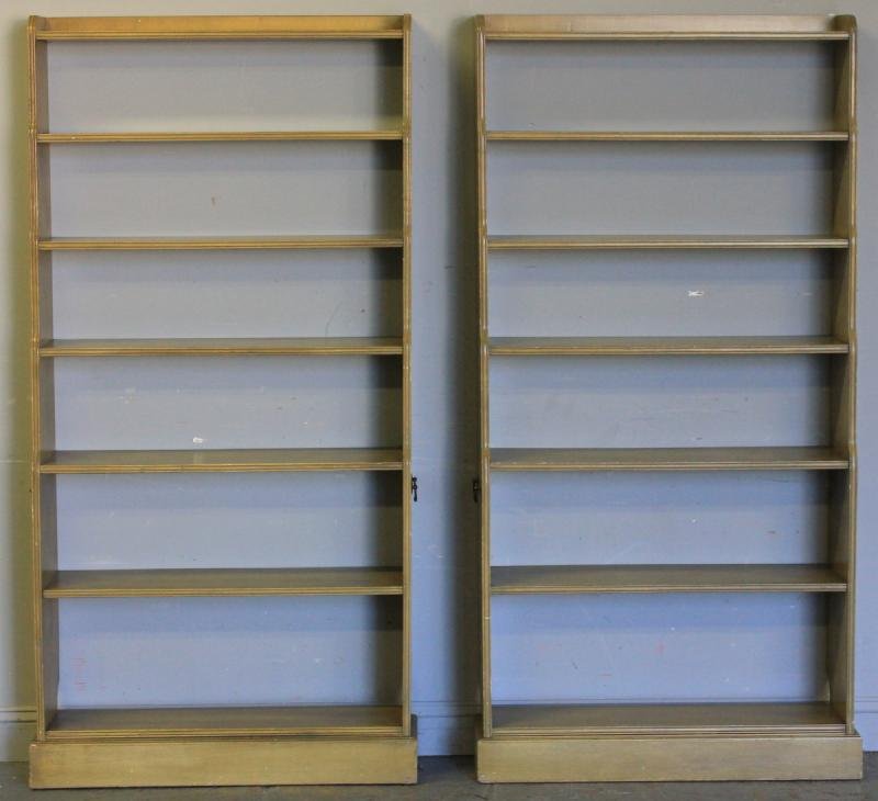 Pair Vintage Open Front Bookcases.: Sort of stepback design. With brass bail hardware. From a Larchmont, NY estate. Dimensions: 34.75" w x 10" d (base) x 71.5" h.