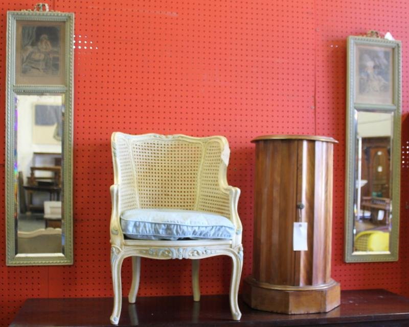 Furniture Lot.: Includes a pair of French mirrors, a child's chair, and an antique pot table. From a Valhalla, NY estate. Dimensions: mirrors - 11.25" x 45" high; chair - 19" wide x 21" x 29" high; pot table - 15" di