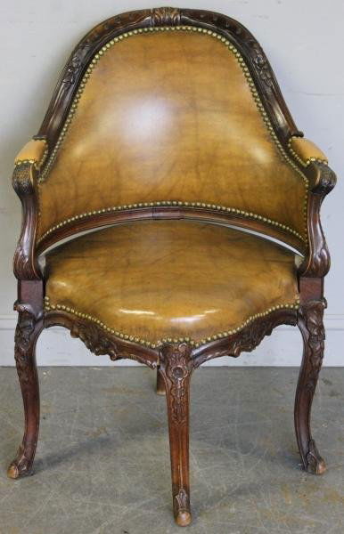 Fine Quality Georgian Upholstered Corner Chair.: A nice looking chair with original leather upholstery. From an East Side NYC estate. Dimensions: 25" w x 20" d x 35" h. Condition: Good.