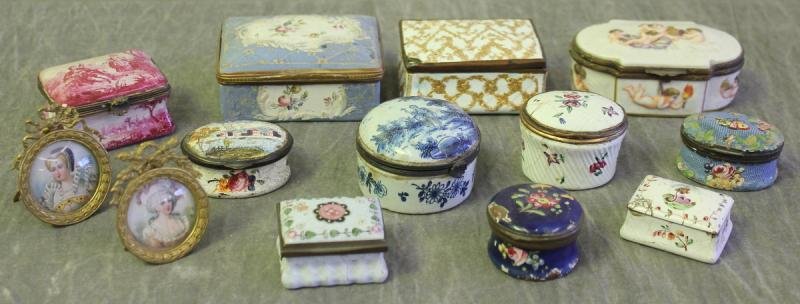Antique Enamel and Porcelain Boxes.: With two miniatures on ivory bronze frames, and composition plaques. All boxes are antique. From a Scarsdale, NY location. Condition: All in as found condition. Dimensions: Range from 4" wide to 2" wi
