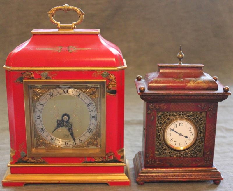 2 Chinoiserie Clocks.: Including an antique chinoiserie watch hutch with a Galmor Swiss pocket watch. And a 20th century red Elliot London clock. From a Bronxville, NY estate. Dimensions: Antique clock - 4.675" w x 2.75" d 