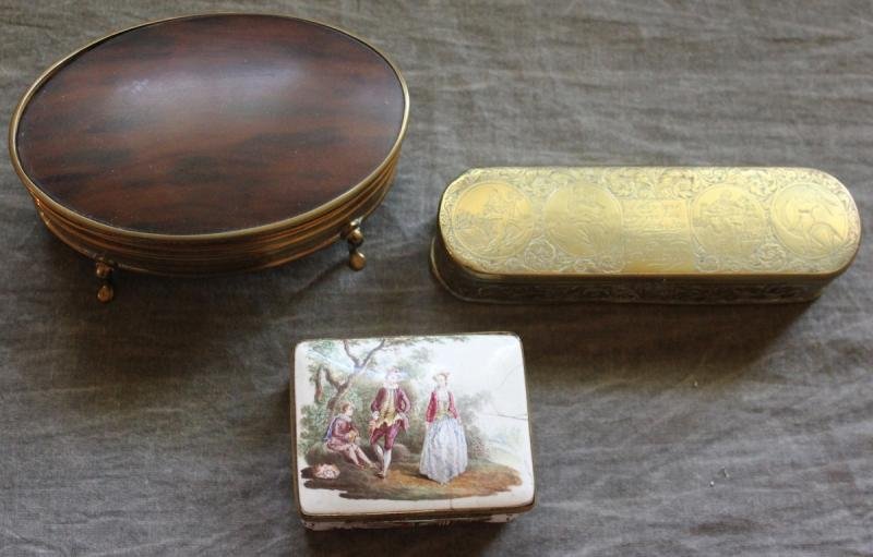 Dutch Brass Box, Brass and Tortoise Shell Box, and: a Battersea Enamel Type Box. From a Bronxville, NY estate. Dimensions: Brass box - 6.25" w x 1.75" d x 1.375" h; Tortoise shell - 5.5" w x 3.75" d x 2.125" h; Battersea box - 3.125" w x 2.5" d x 1.75"