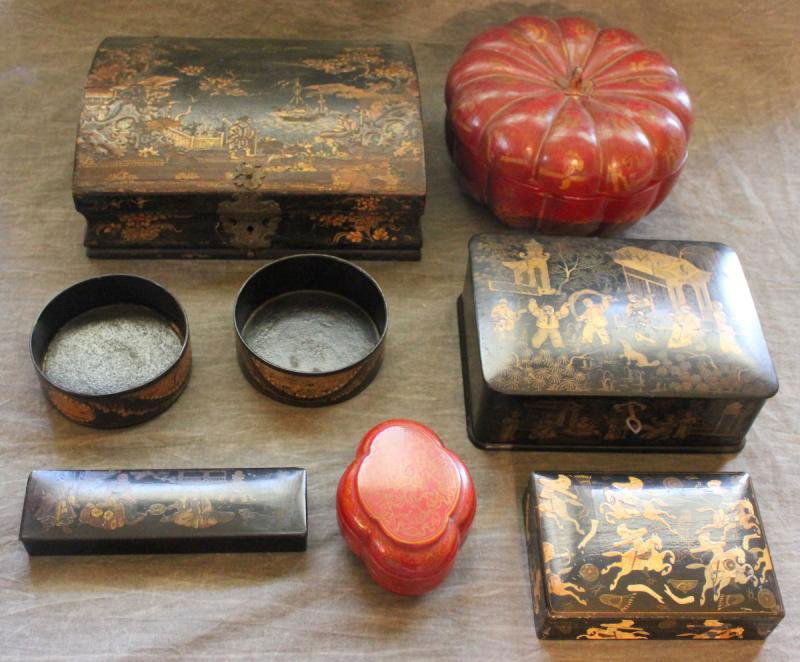 Lot of Decorative Boxes.: Total of 8 items. From a Bronxville, NY estate. Dimensions: Largest box - 11.5" w x 8.75" d x 4.25" h.
