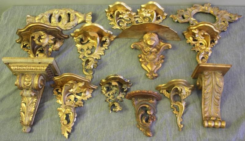 Lot of Antique and Vintage Wall Brackets and: Architectural Fragments. A total of 13 pieces. From an Englewood, NJ estate. Condition: Some with detached pieces and others with missing pieces. Dimensions: Range from 12" high to 5" high.