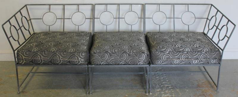 Midcentury Wrought Iron Sectional Sofa.: Can also be used as 2 corner chairs and a chair. Unmarked, but probably Salterini. From a Briarcliff Manor, NY home. Dimensions: As a sofa - 83.5" w x 31" d x 27.5" h. Condition: Good, with custom cus