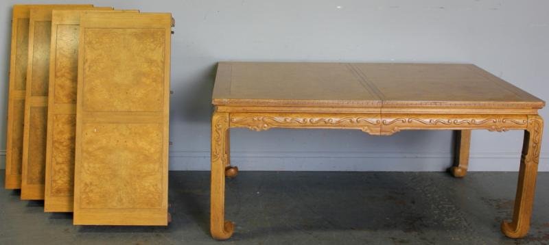 Asian Modern Baker Dining Table.: With four 20" skirted leaves. A magnificent large table. From a Harrison, NY home. Dimensions: 68" wide x 46" deep x 31" high. Condition: Greek key as is on one leaf.