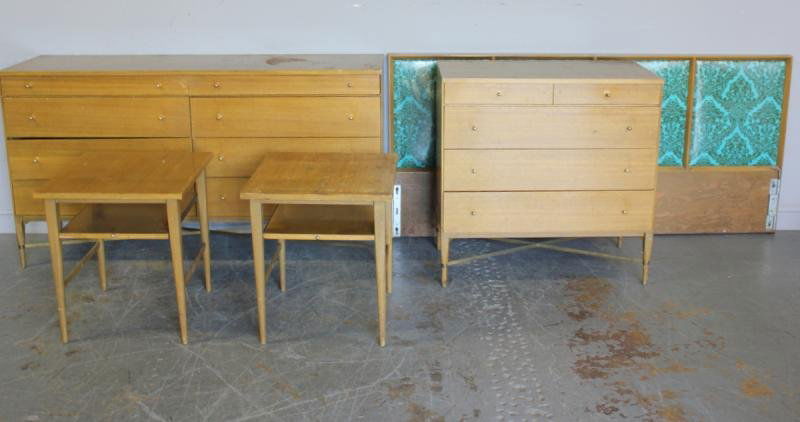 Paul McCobb. 5 Piece Midcentury Bed Set.: Consisting of a long chest - 66" w x 19" d x 36" h, a smaller chest - 36" w x 19" d x 36" h, a pair of end tables - 22" w x 21" d x 24" h, and a headboard 79" wide. From a Larchmont, NY estate. Condit