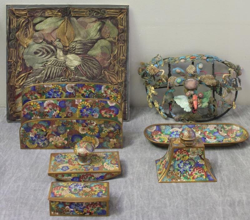 Chinese Lot.: Very early enameled hardstone and seed pearl hair ornament, a metallic thread rank badge, and a later beautiful quality cloissone desk set. From a Scarsdale, NY location. Dimensions: hair ornament - 9