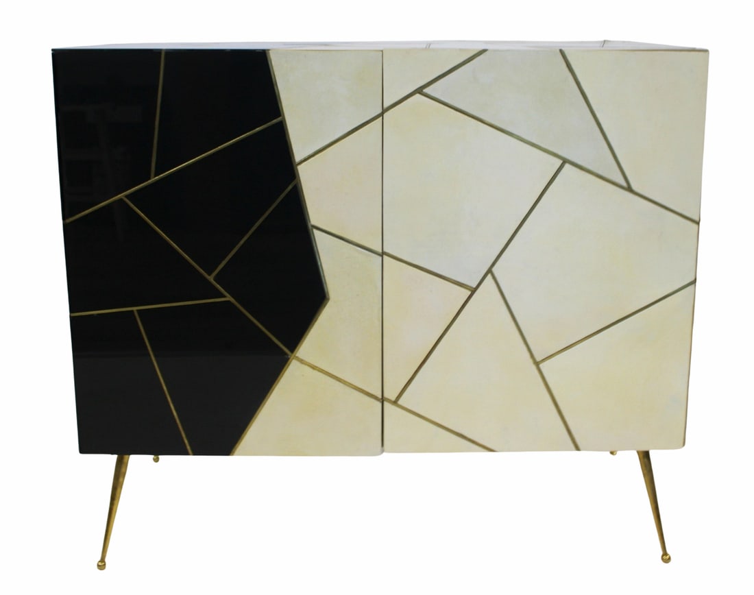 Modernist Italian Glass Brass and Leather Chest.: 2 drawers. With brass trim and legs. From the curated 40+ year collection of Cosulich Interiors and Antiques. - Dimensions: 34" x 40" x 19"