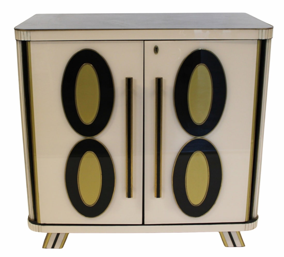 Vintage 2 Drawer Italian Cabinet.: Nice quality and stylish with brass trim and glass over enamel finish. From the curated 40+ year collection of Cosulich Interiors and Antiques. - Dimensions: 38.5" x 39.5" x 21.5".
