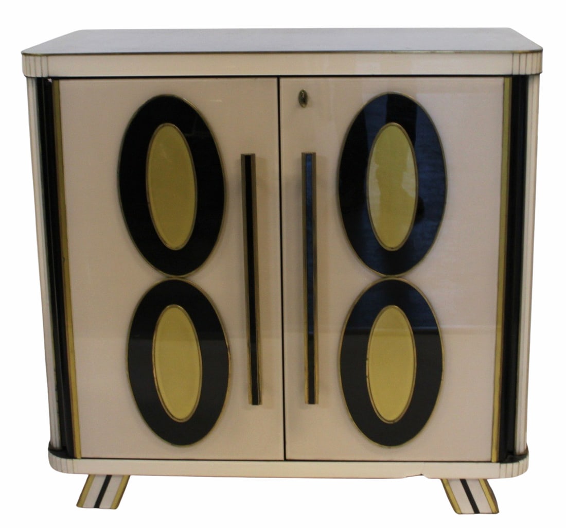 Vintage 2 Drawer Italian Cabinet.: Nice quality and stylish with brass trim and glass over enamel finish. From the curated 40+ year collection of Cosulich Interiors and Antiques. - Dimensions: 38.5" x 39.5" x 21.5"