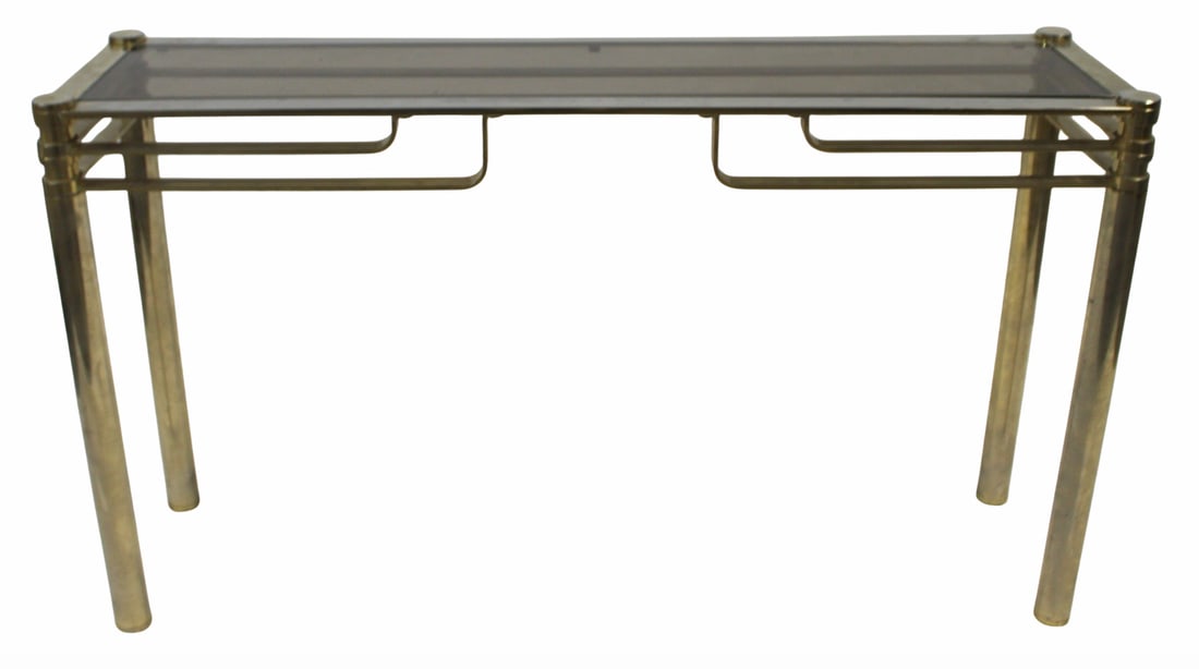 Gilt Metal Console Table with Glass Insert.: From the curated 40+ year collection of Cosulich Interiors and Antiques. - Dimensions: 30" x 14" x 52"