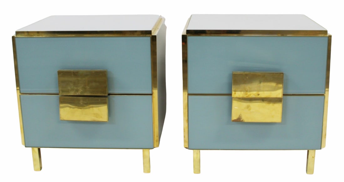 Modernist Pair of Italian Night Stands.: Great color on these 2 drawer stands with nice large brass hardware. From the curated 40+ year collection of Cosulich Interiors and Antiques. - Dimensions: 26" x 24" x 20"