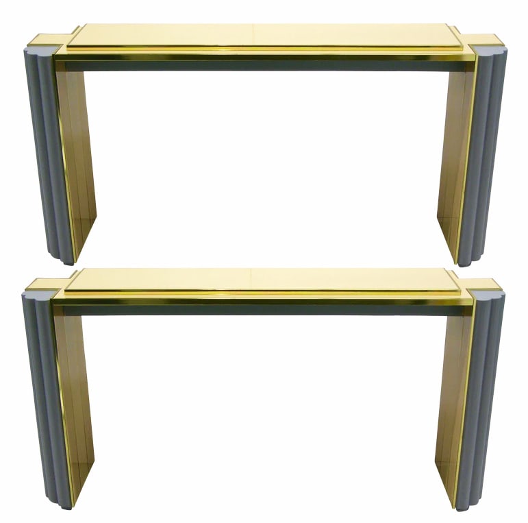 Alain Delon 1970s Pair of Gray and Cream Console: Tables for Maison Jansen. Pair of consoles or sofa tables in two-tone ivory white lacquered wood, designed by Alain Delon for Maison Jansen, sophisticated design with the raised and bronze edged displ