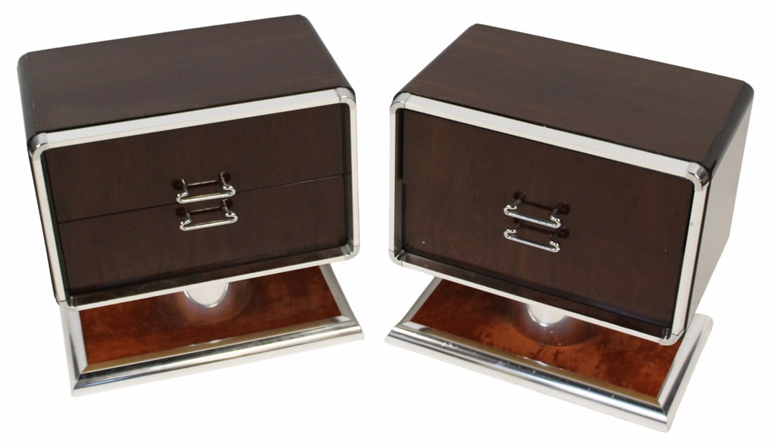 Pair of Italian Midcentury Style Night Stands.: Wonderful pair with lacquered mahogany finish, pedestal base 2 drawers and chrome trim. From the curated 40+ year collection of Cosulich Interiors and Antiques. - Dimensions: 21" x 13.5" x 22"