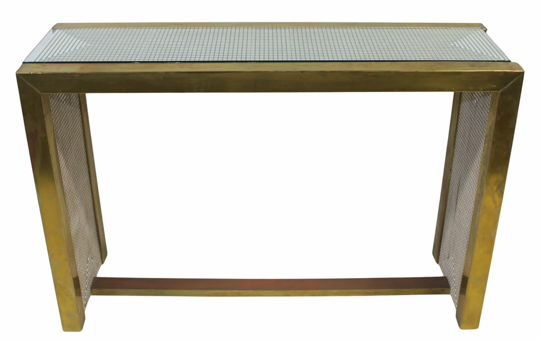 Micromosaic Style Tile and Brass Console Table.: With micromosaic inspired tiles to the top and sides. From the curated 40+ year collection of Cosulich Interiors and Antiques. - Dimensions: 36" x 16" x 53"