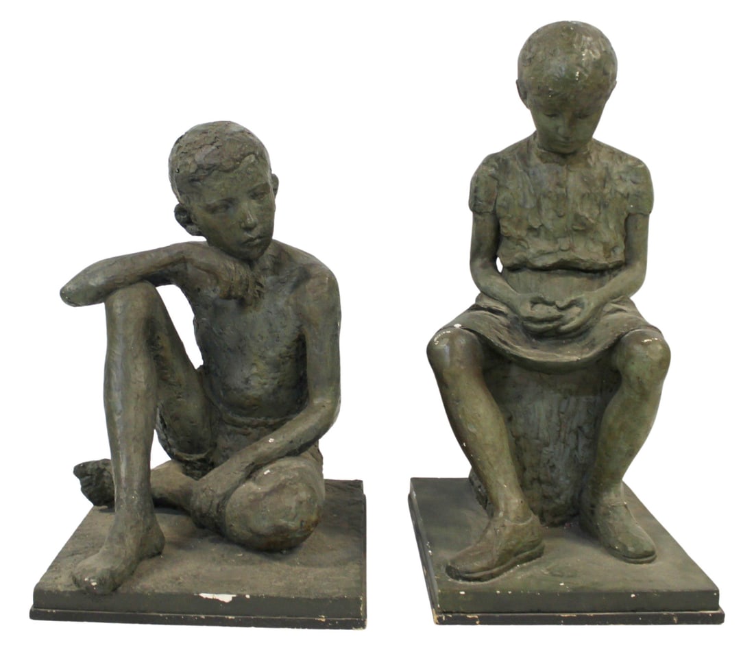 2 Vintage Patinated Plaster Seated Children.: From the curated 40+ year collection of Cosulich Interiors and Antiques. - Dimensions: 32" x 21" x 25" & 39" x 18" x 25"