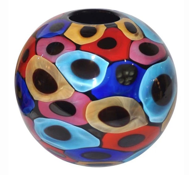 Camozzo 1990 Modern Black Azure Murano Round Vase.: A very decorative organic vase, Work of Art signed Camozzo; the interior presents a high-quality blown black Murano glass with a perfect enamel-like finish, overlaid with a post-modern decor like an a