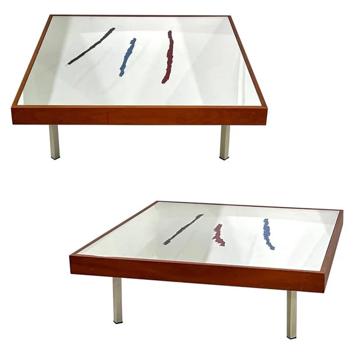 1970s Italian Pr of Mirrored Cherry Wood Eglomise: Coffee Tables. An unusual pair of Italian mid-century modern coffee/sofa tables by Rimadesio with a post-modern look. The mirror top is painted in reverse with a minimalist abstract decor of 3 strokes