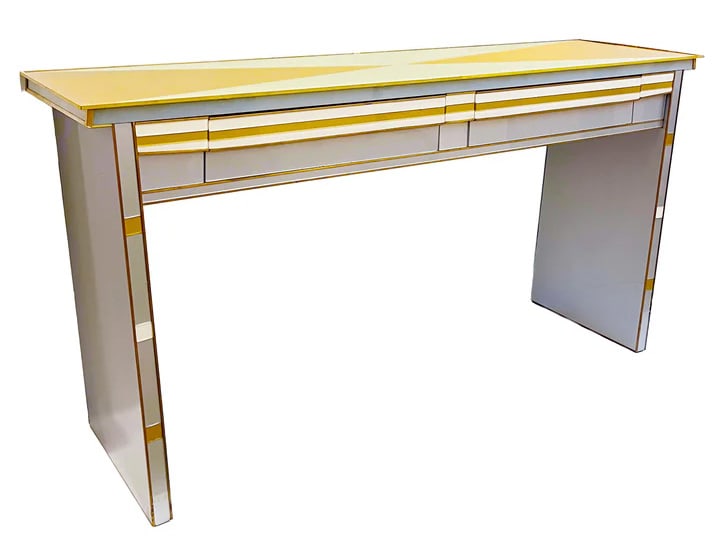 1970s Italian Art Deco Design Console Table.: 1970s one-of-a-kind, bespoke Italian console with a unique, sleek Art Deco style design featuring Hollywood Regency glamour, masterfully balancing geometry and distinction. This statement piece is