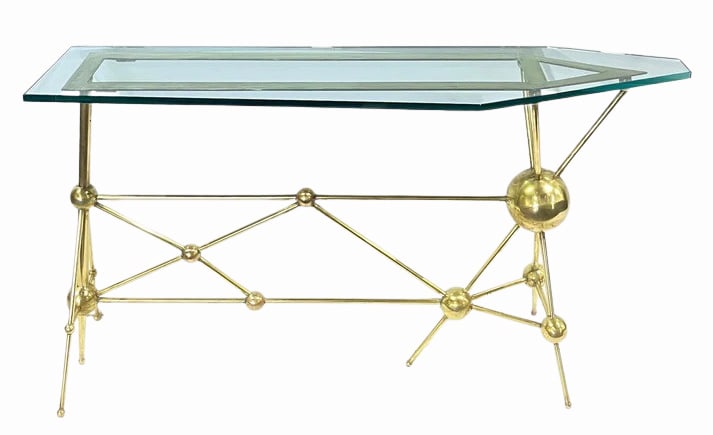 Italian Modern Atomic Planet Design Slim Console: Table. Early 21st century slim design, an atomic console entirely hand-crafted in Italy, ensuring uniqueness and artisanal quality. The base is hand sculpted from polished brass, featuring a geometric