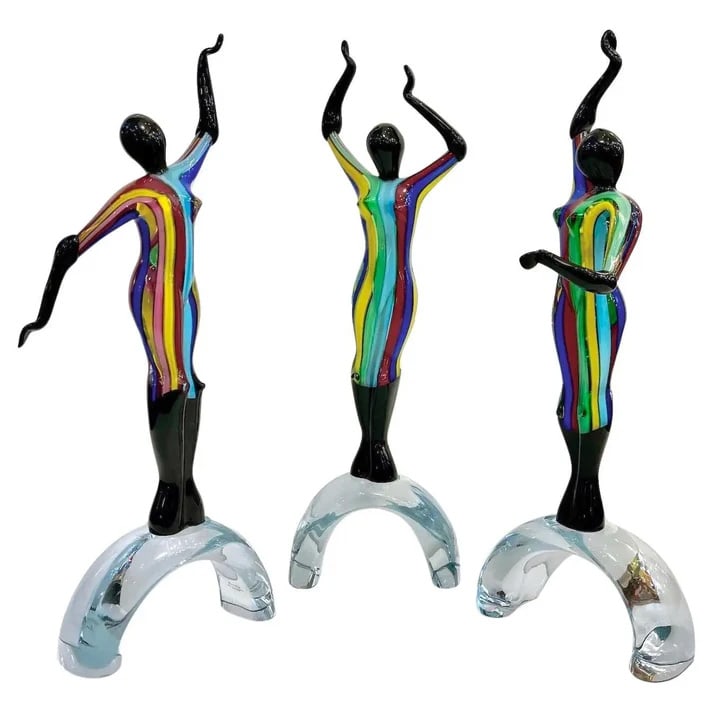 1980s Italian Colorful Murano Glass Set 3 Ballet: Dancers. These captivating Murano glass sculptures, signed Formia Vetri di Murano Glass Made in Italy, depict a graceful trio of stylized ballerinas in mid-dance, capturing both movement and unity.