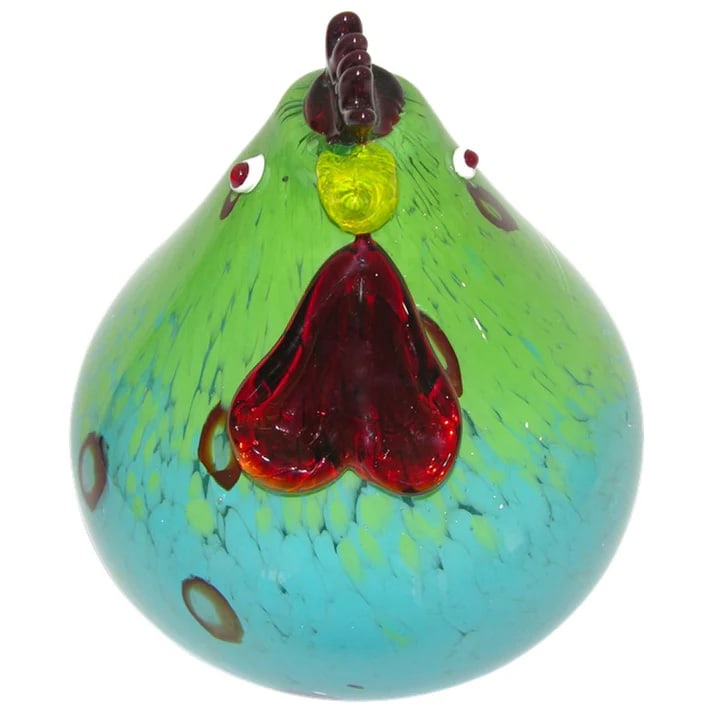 1980s Italian Turquoise Murano Glass Rooster.: This fun cartoon style hen is in blown Murano glass with modern vivid colors, the turquoise aqua blue overlaid body is worked with extensive degrading apple green murrine and dark red highlights,