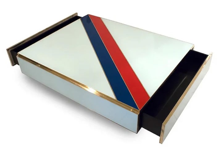 Custom Italian Art Design 2-Drawer Low Glass Table: Add style with an artistic tailored piece in the center of your living room! What we love about this table by Cosulich Interiors & Antiques, is the minimalist and geometric design, the