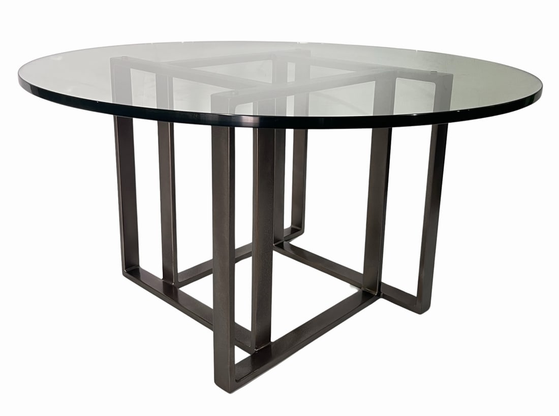 Modern Round Glass Top Table.: From the curated 40+ year collection of Cosulich Interiors and Antiques. Dimensions: 34" in diameter x 18" high; base (only) 21" w x 21" d.