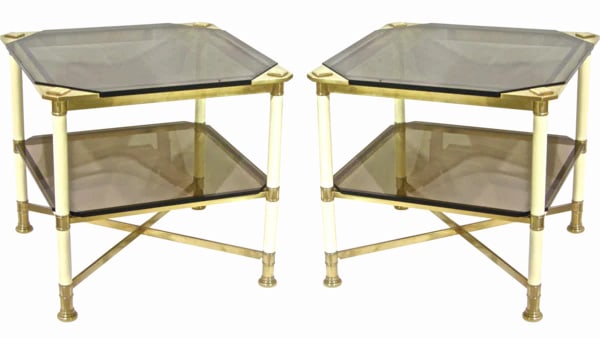 1970s Vintage Italian Pair of Smoked Glass & Cream: 2-Tier Side Tables. Rare pair of sophisticated design end tables by Vivai del Sud - Architettura ed Alta Decorazione, an Italian Company founded in Rome in 1950, with prestigious clients like the